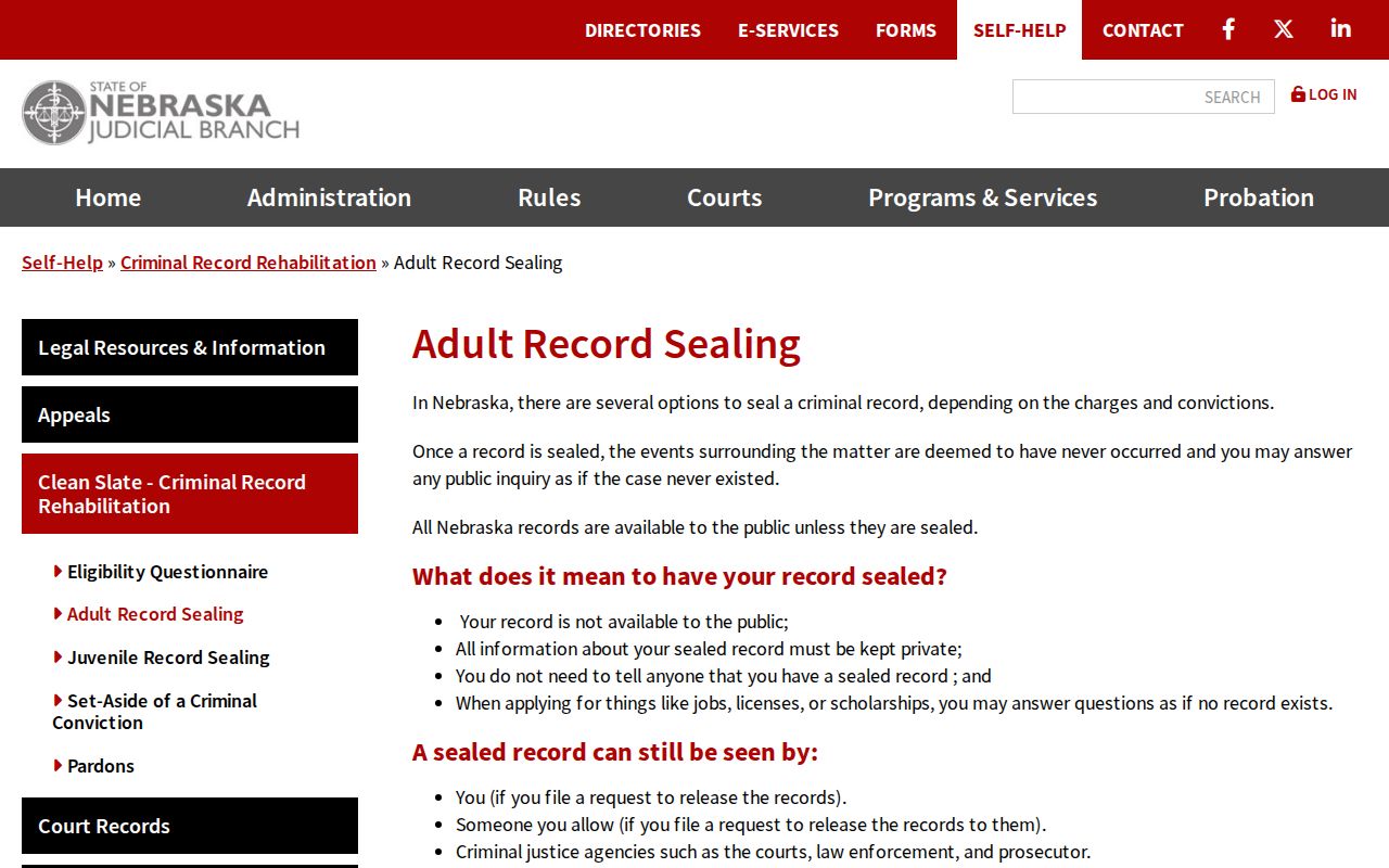 Kearney County criminal record sealing instructions from the Nebraska Judicial Branch